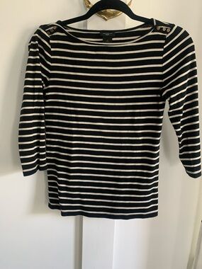 Ann Taylor Black & Cream Striped 3/4 Sleeve Cotton Top Gold Accents Small Petite